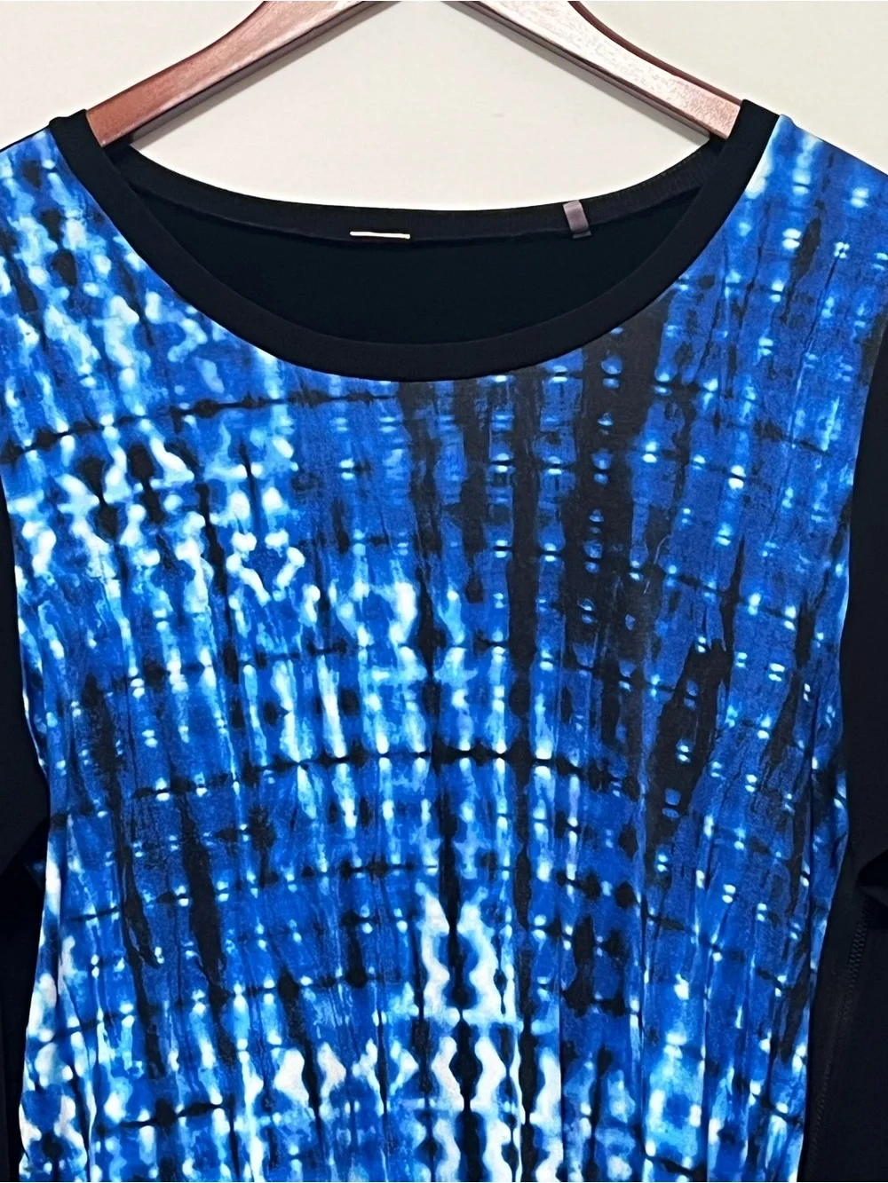Elie Tahari Top Silk Blend Tie-Dye Abstract Shibori Side Zip Blouse Blue Black L
